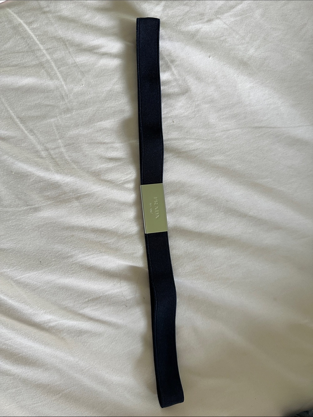 Prada Black Elastic Waist Belt with Silver Logo Plate